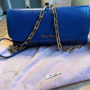 Miu Miu Blue Leather Chain Shoulder Bag Gold Hardware